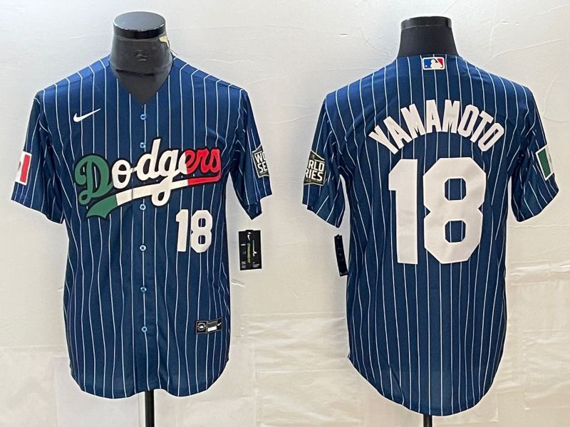 Men Los Angeles Dodgers 18 Yamamoto Blue stripe Nike Game MLB Jersey style 6